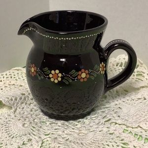 Swiss Vintage Folk Pottery 4 inch tall signed creamer floral brown